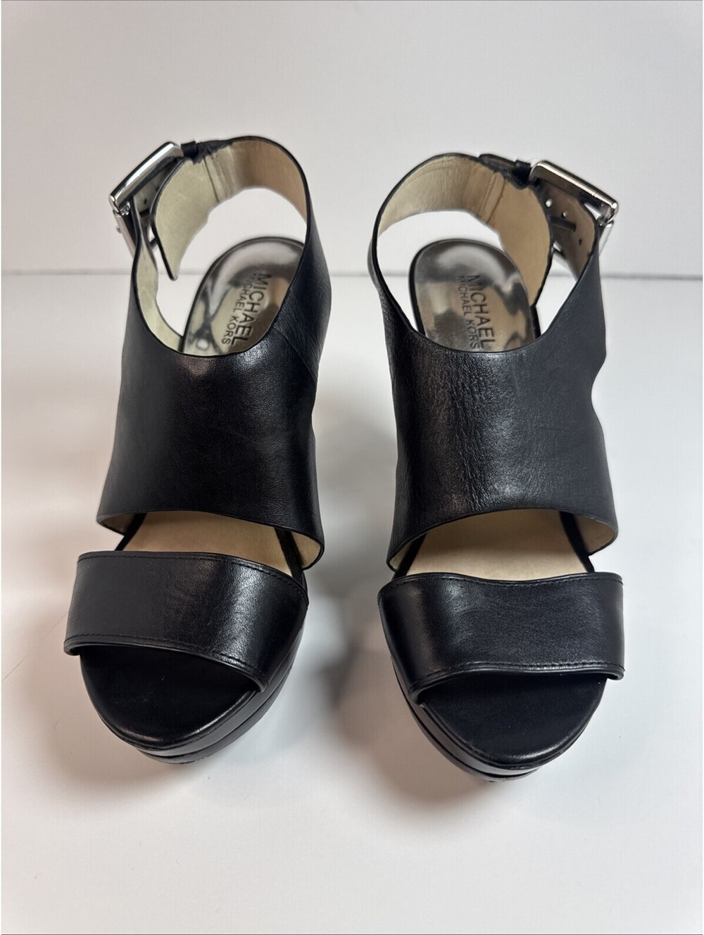 Michael Kors Carla Platform Leather Block Heel Sandals Women’s Size 8 Black - Picture 2 of 9